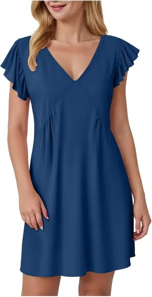 Women's 2025 Summer Casual V Neck Flutter Sleeve Bohemian Ruffle Smocked A Line Swing Mini Dress