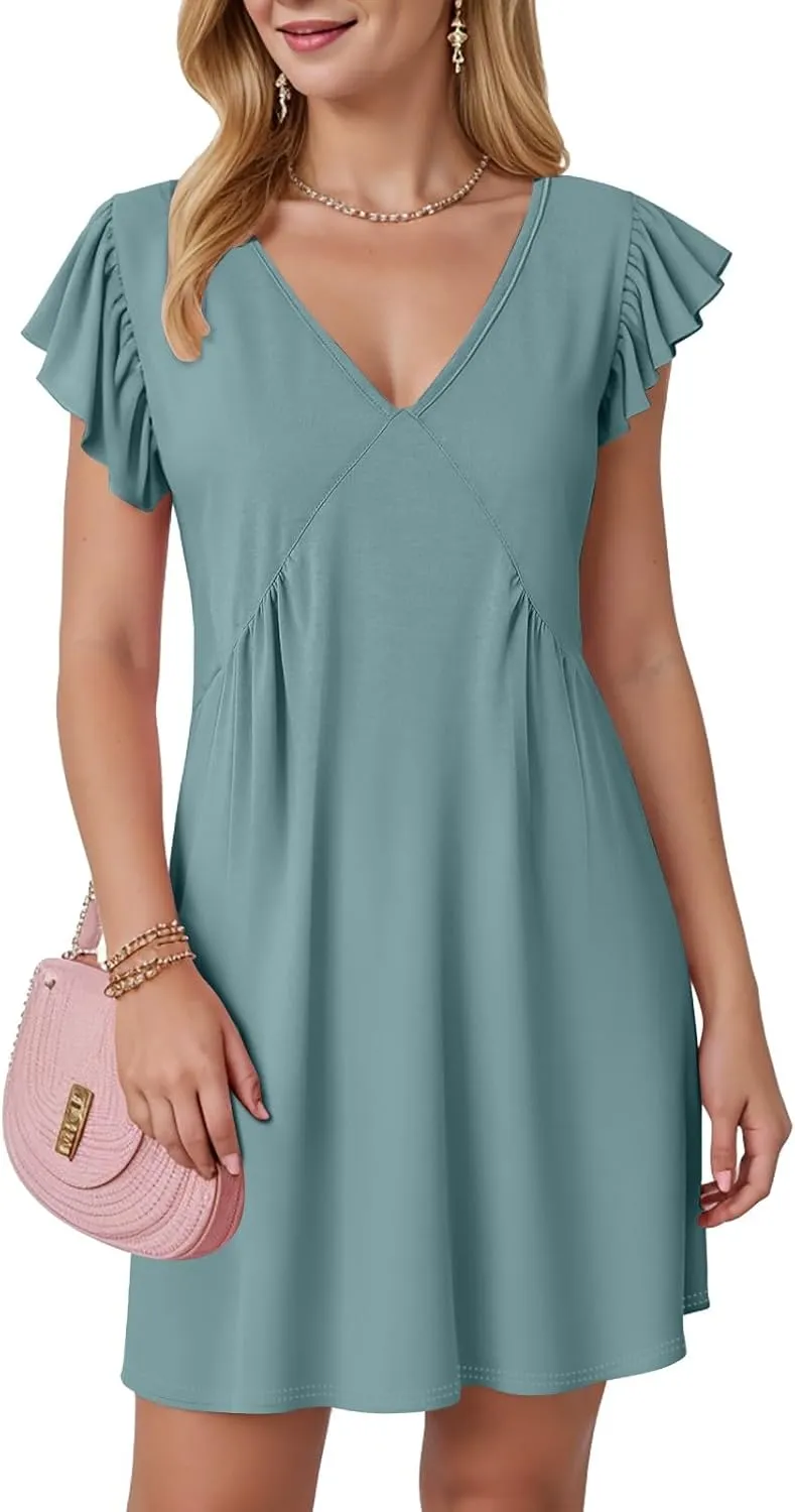 Women's 2025 Summer Casual V Neck Flutter Sleeve Bohemian Ruffle Smocked A Line Swing Mini Dress