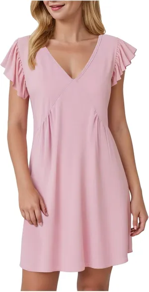 Women's 2025 Summer Casual V Neck Flutter Sleeve Bohemian Ruffle Smocked A Line Swing Mini Dress