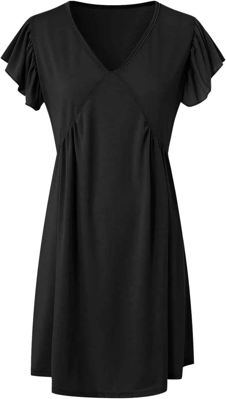 Women's 2025 Summer Casual V Neck Flutter Sleeve Bohemian Ruffle Smocked A Line Swing Mini Dress