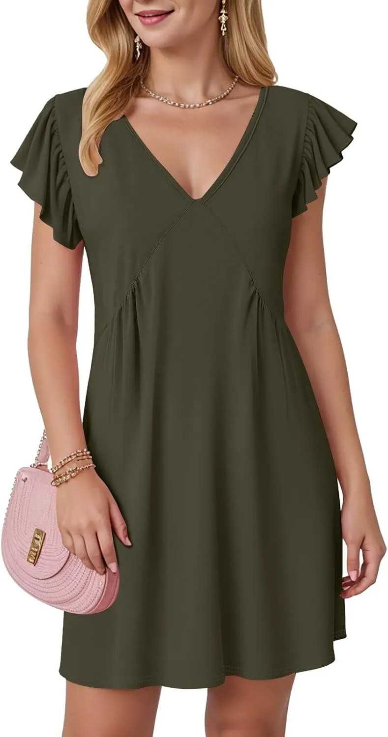 Women's 2025 Summer Casual V Neck Flutter Sleeve Bohemian Ruffle Smocked A Line Swing Mini Dress