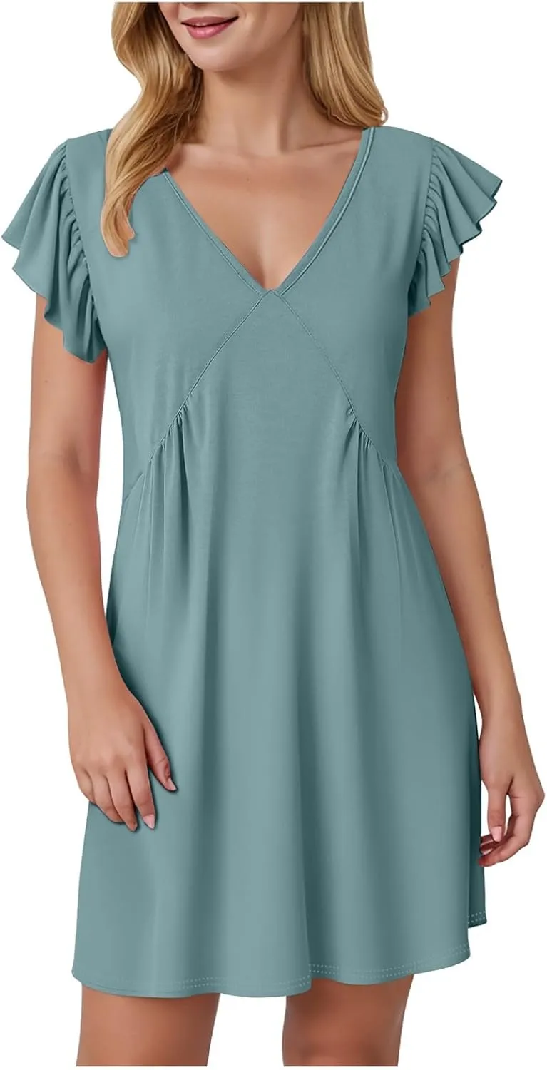 Women's 2025 Summer Casual V Neck Flutter Sleeve Bohemian Ruffle Smocked A Line Swing Mini Dress