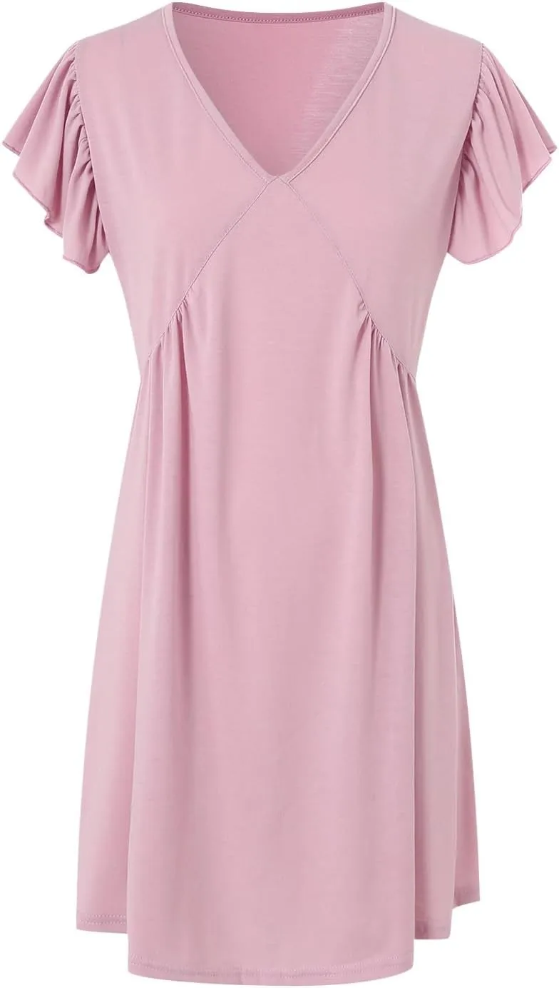 Women's 2025 Summer Casual V Neck Flutter Sleeve Bohemian Ruffle Smocked A Line Swing Mini Dress