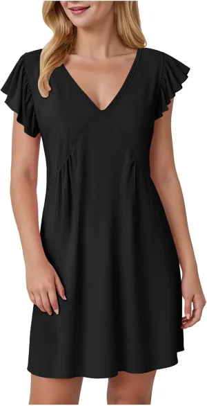 Women's 2025 Summer Casual V Neck Flutter Sleeve Bohemian Ruffle Smocked A Line Swing Mini Dress