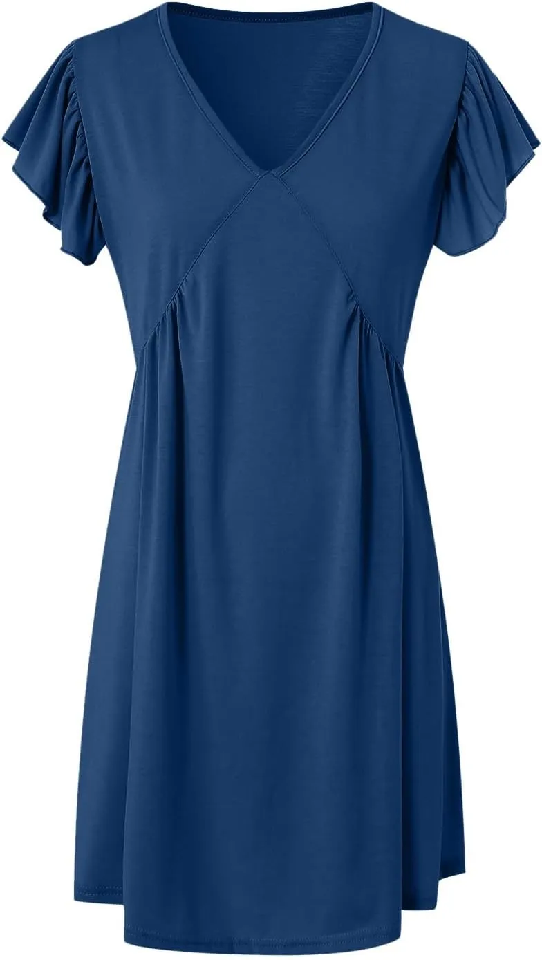 Women's 2025 Summer Casual V Neck Flutter Sleeve Bohemian Ruffle Smocked A Line Swing Mini Dress