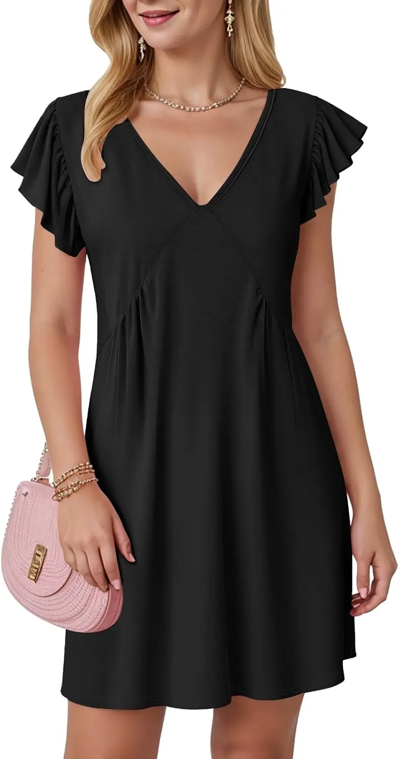 Women's 2025 Summer Casual V Neck Flutter Sleeve Bohemian Ruffle Smocked A Line Swing Mini Dress