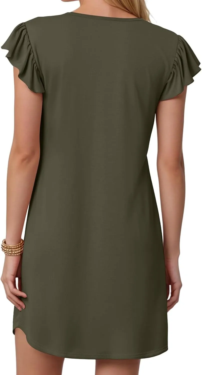 Women's 2025 Summer Casual V Neck Flutter Sleeve Bohemian Ruffle Smocked A Line Swing Mini Dress