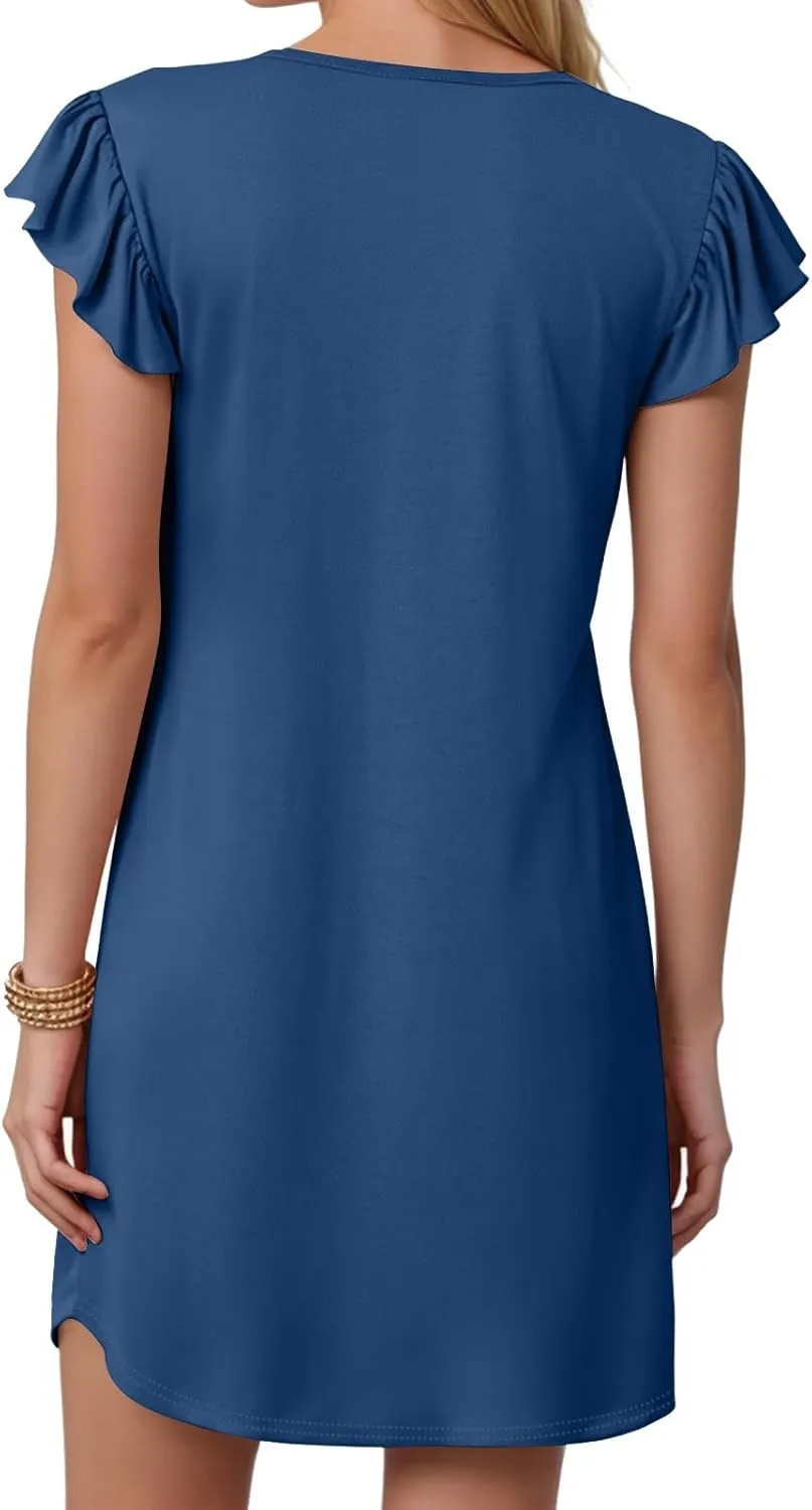 Women's 2025 Summer Casual V Neck Flutter Sleeve Bohemian Ruffle Smocked A Line Swing Mini Dress