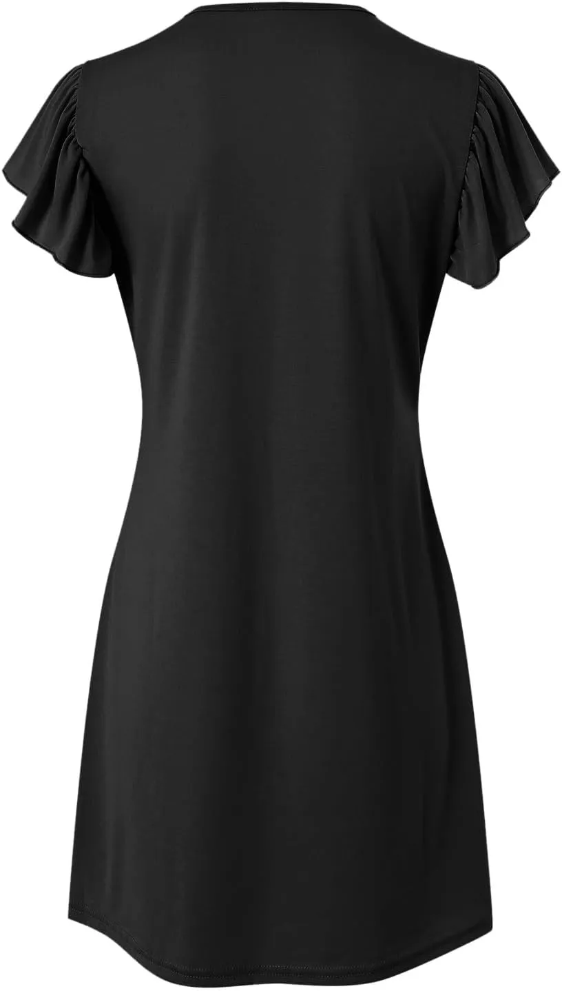 Women's 2025 Summer Casual V Neck Flutter Sleeve Bohemian Ruffle Smocked A Line Swing Mini Dress
