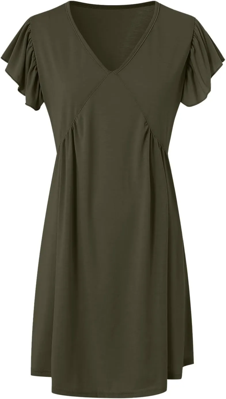 Women's 2025 Summer Casual V Neck Flutter Sleeve Bohemian Ruffle Smocked A Line Swing Mini Dress