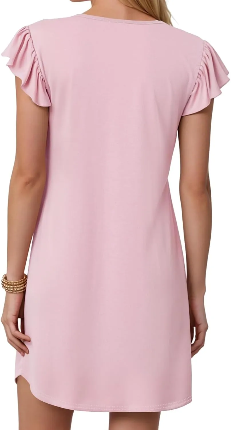 Women's 2025 Summer Casual V Neck Flutter Sleeve Bohemian Ruffle Smocked A Line Swing Mini Dress