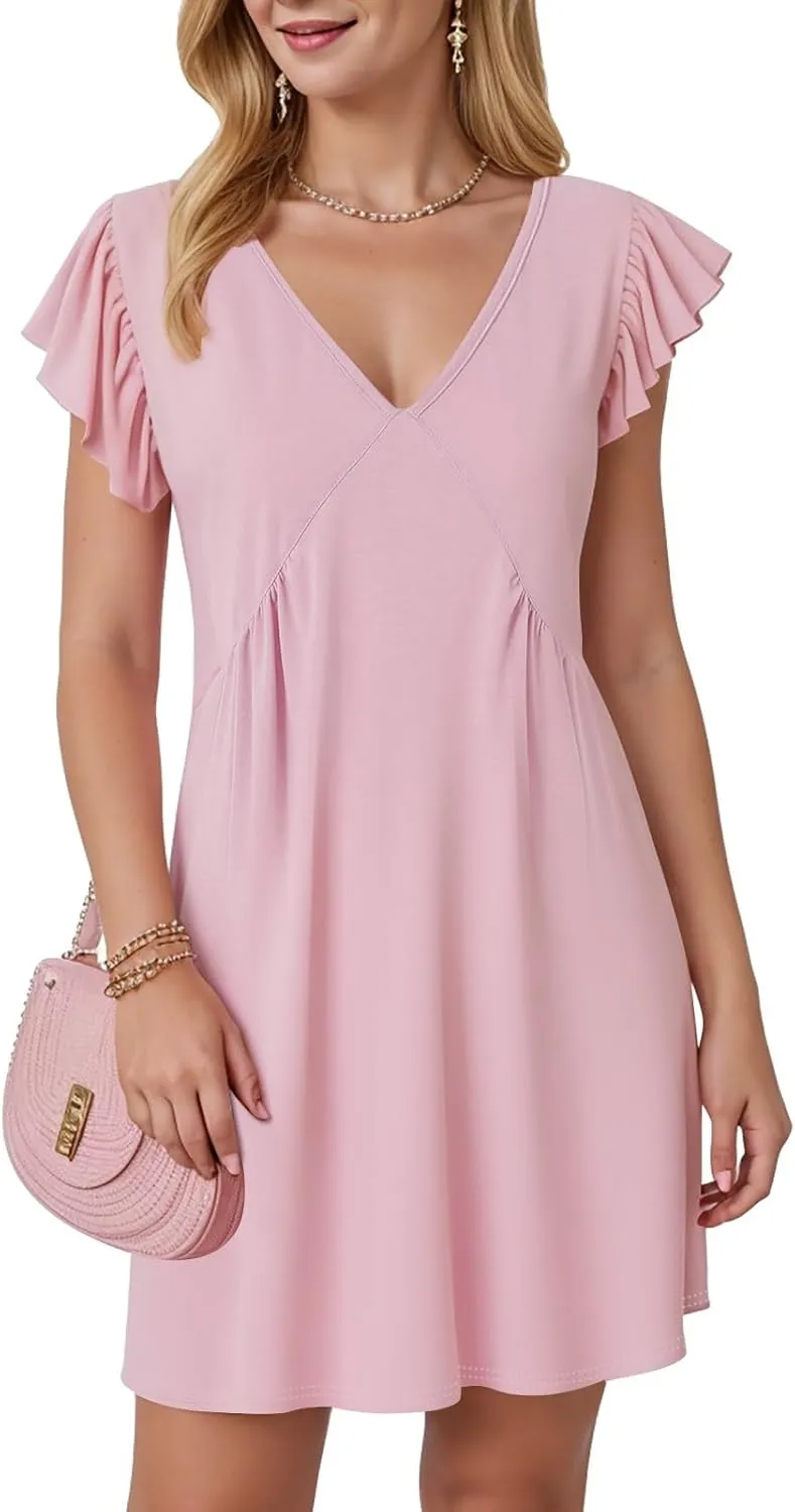 Women's 2025 Summer Casual V Neck Flutter Sleeve Bohemian Ruffle Smocked A Line Swing Mini Dress