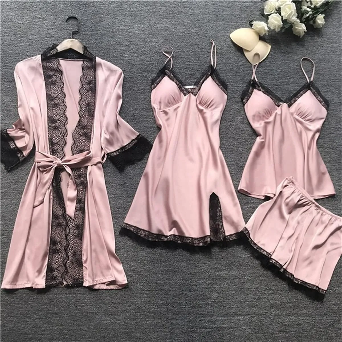 Women's 4Pcs Sleepwear Lace Trim Silk Pajama Sets Cami Top Shorts Nightgown Robe Sets Sexy Satin Pjs Loungewear Sets