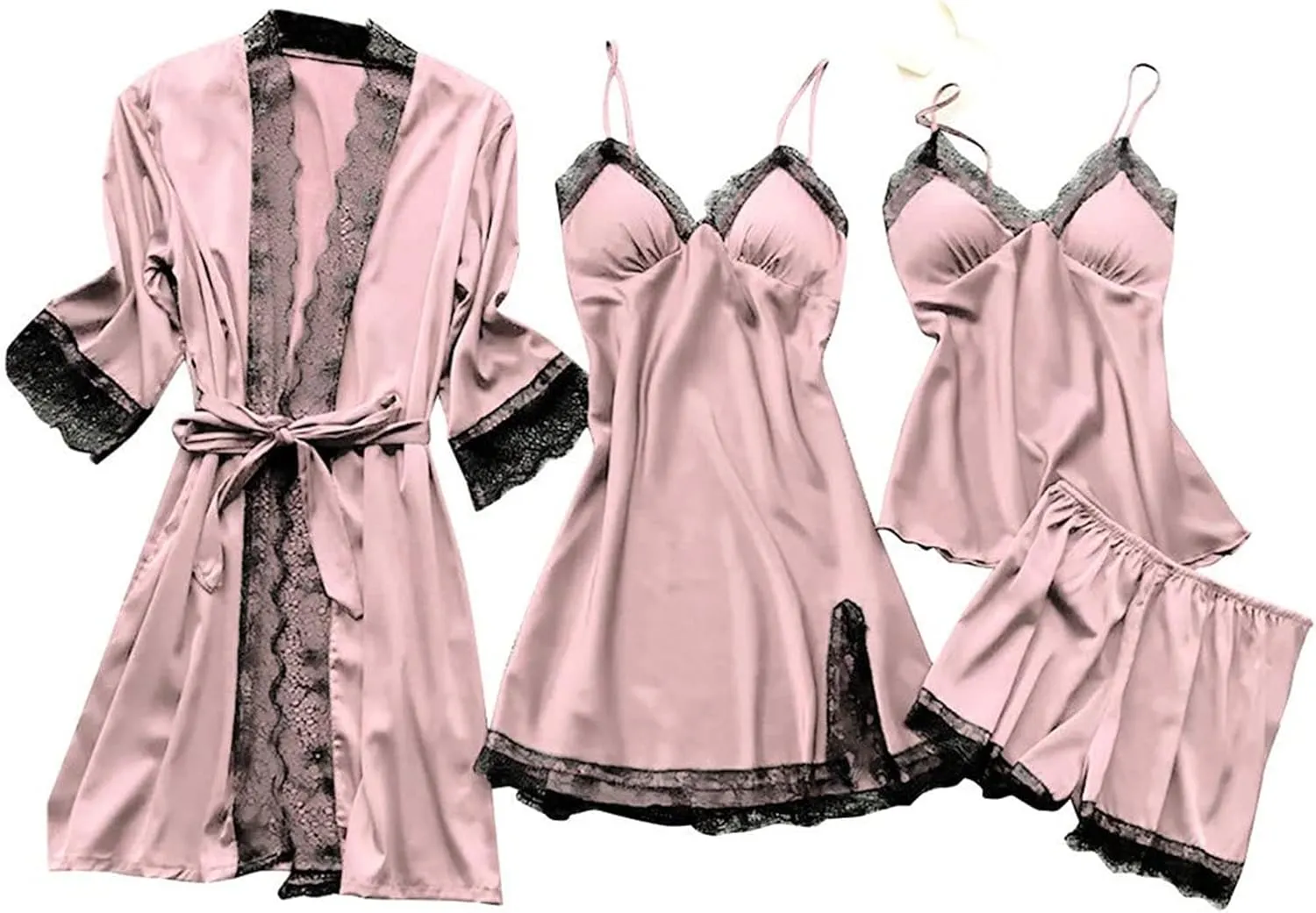 Women's 4Pcs Sleepwear Lace Trim Silk Pajama Sets Cami Top Shorts Nightgown Robe Sets Sexy Satin Pjs Loungewear Sets
