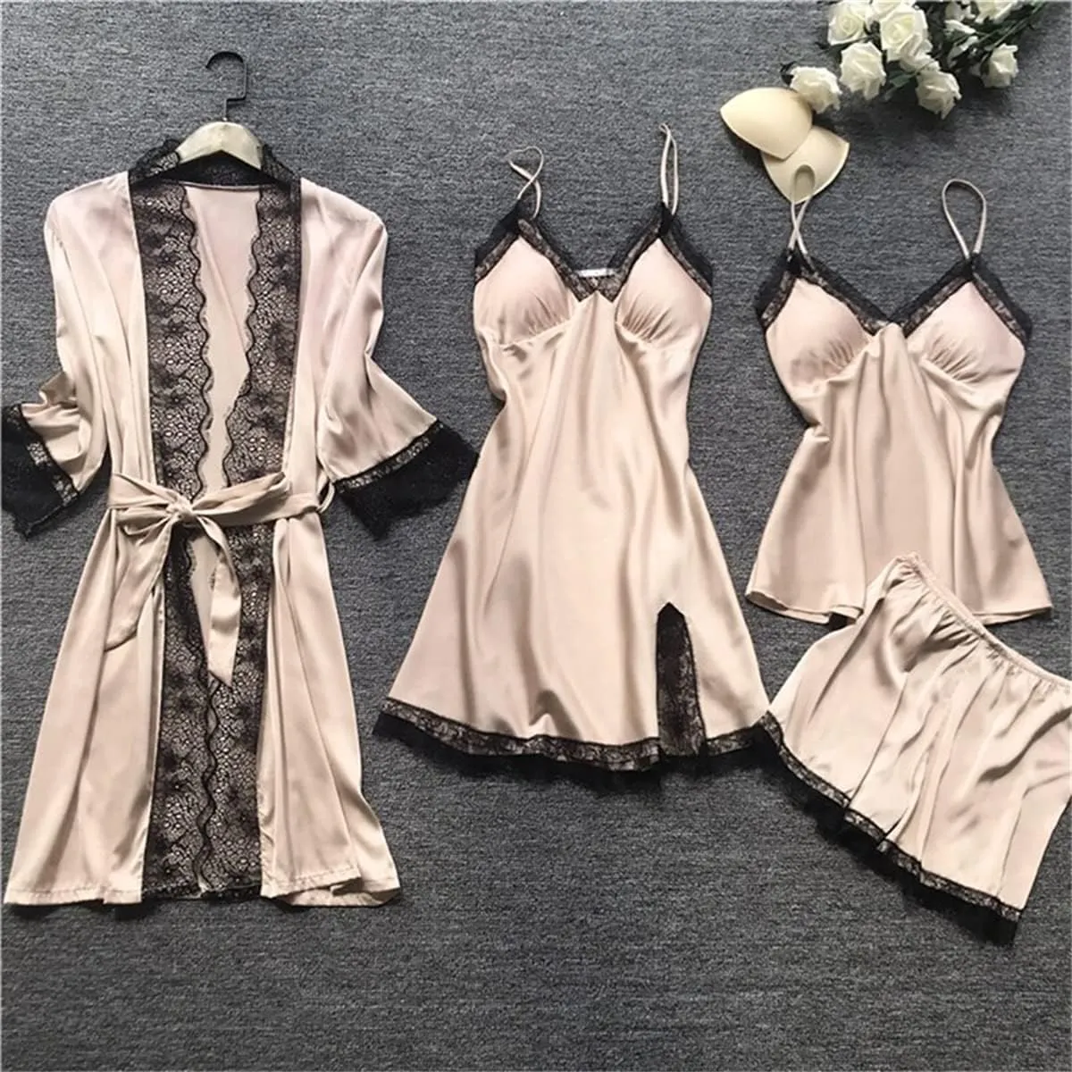 Women's 4Pcs Sleepwear Lace Trim Silk Pajama Sets Cami Top Shorts Nightgown Robe Sets Sexy Satin Pjs Loungewear Sets
