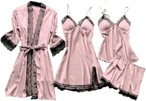 Women's 4Pcs Sleepwear Lace Trim Silk Pajama Sets Cami Top Shorts Nightgown Robe Sets Sexy Satin Pjs Loungewear Sets