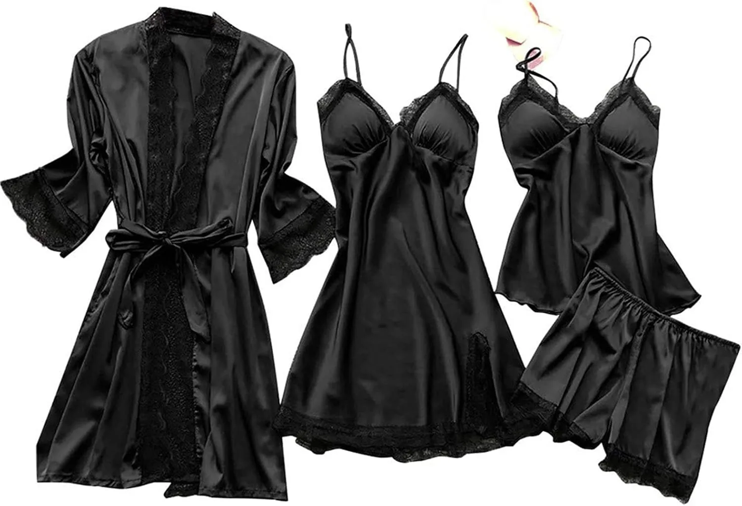 Women's 4Pcs Sleepwear Lace Trim Silk Pajama Sets Cami Top Shorts Nightgown Robe Sets Sexy Satin Pjs Loungewear Sets
