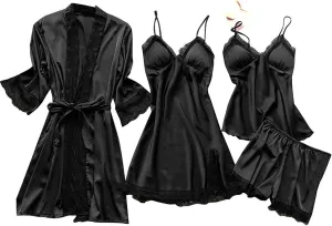 Women's 4Pcs Sleepwear Lace Trim Silk Pajama Sets Cami Top Shorts Nightgown Robe Sets Sexy Satin Pjs Loungewear Sets