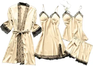 Women's 4Pcs Sleepwear Lace Trim Silk Pajama Sets Cami Top Shorts Nightgown Robe Sets Sexy Satin Pjs Loungewear Sets