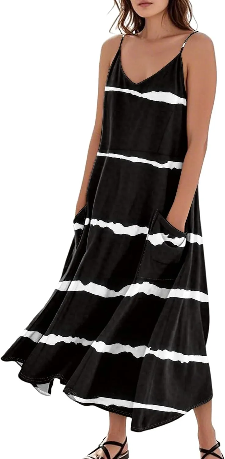 Women's Boho Sundress 2025 Floral Adjustable Spaghetti Strap V Neck Long Maxi Dress Summer Beach Flowy Sundress