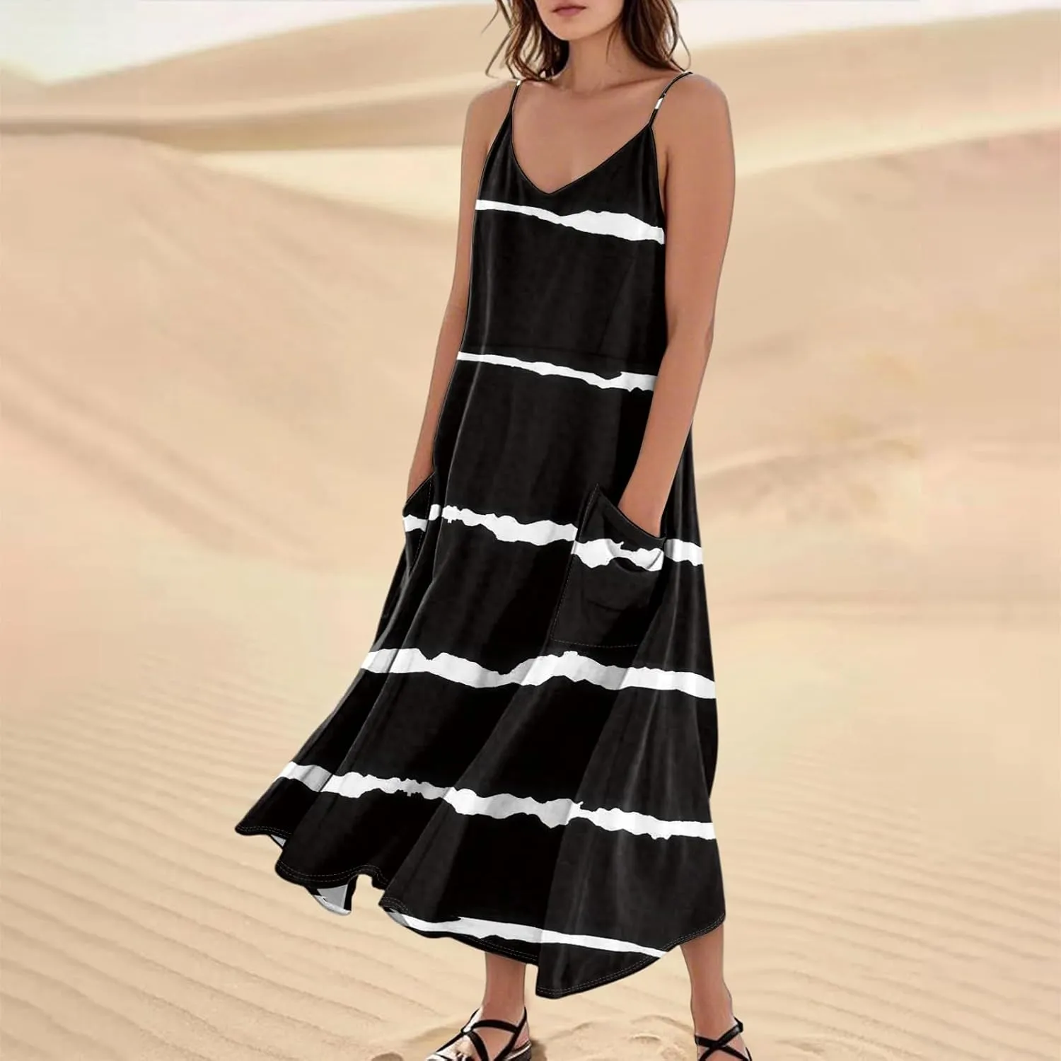 Women's Boho Sundress 2025 Floral Adjustable Spaghetti Strap V Neck Long Maxi Dress Summer Beach Flowy Sundress