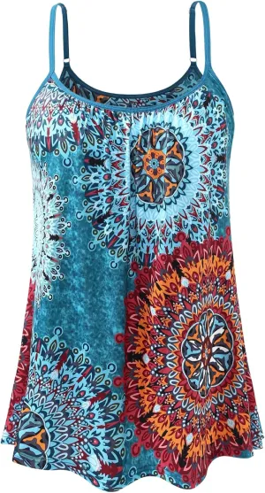 Women's Camisole with Built Bra Flowy Loose Fit Cami Pleated Adjustable Strap Tanks