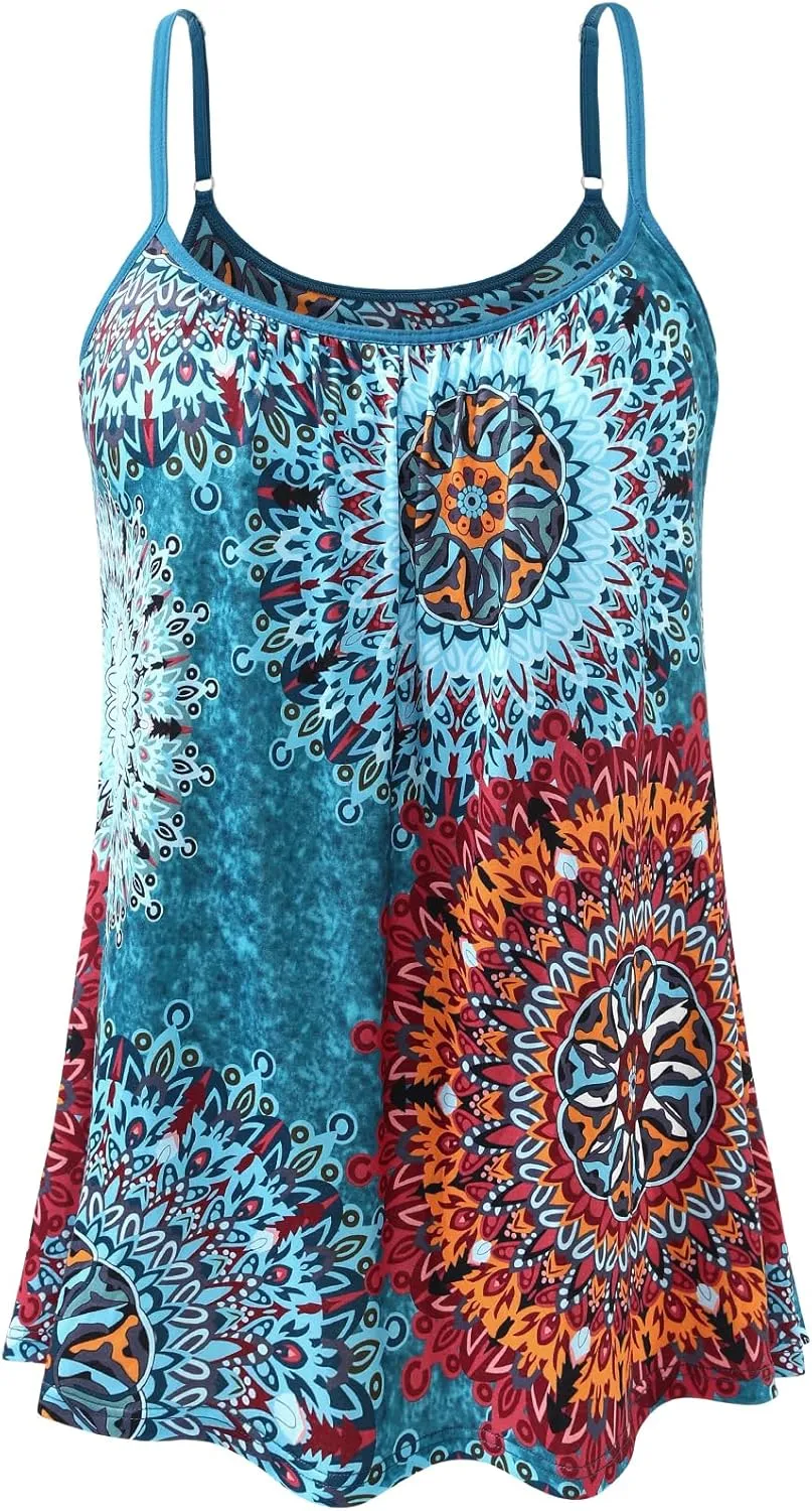 Women's Camisole with Built Bra Flowy Loose Fit Cami Pleated Adjustable Strap Tanks