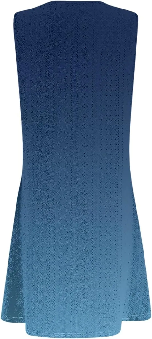 Women's Casual Dress Crew Neck Sleeveless Gradient Loose Pocket Summer Dresses 2025 Mini Short Dresses, S-3XL