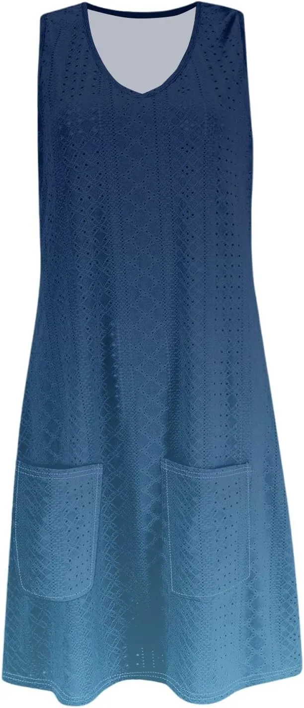 Women's Casual Dress Crew Neck Sleeveless Gradient Loose Pocket Summer Dresses 2025 Mini Short Dresses, S-3XL