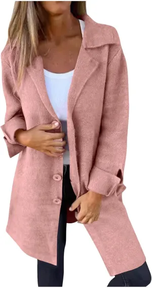 Womens Casual Long Sleeve Wool Blend Pea Coat Classic Winter Notched Lapel Collar Warm Midi Jacket Trench Coats