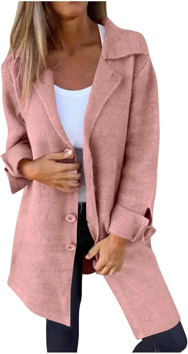 Womens Casual Long Sleeve Wool Blend Pea Coat Classic Winter Notched Lapel Collar Warm Midi Jacket Trench Coats