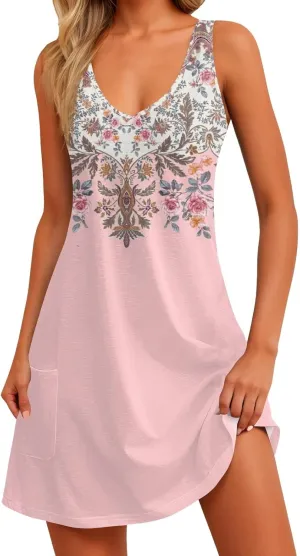 Women's Casual Sundress with Pockets 2025 Summer Boho Beach Dress V Neck Loose Tank Dresses