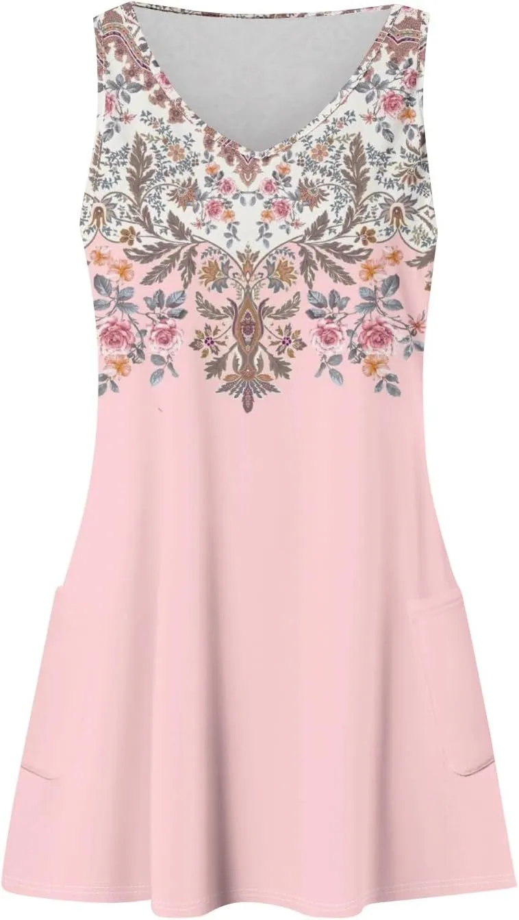 Women's Casual Sundress with Pockets 2025 Summer Boho Beach Dress V Neck Loose Tank Dresses