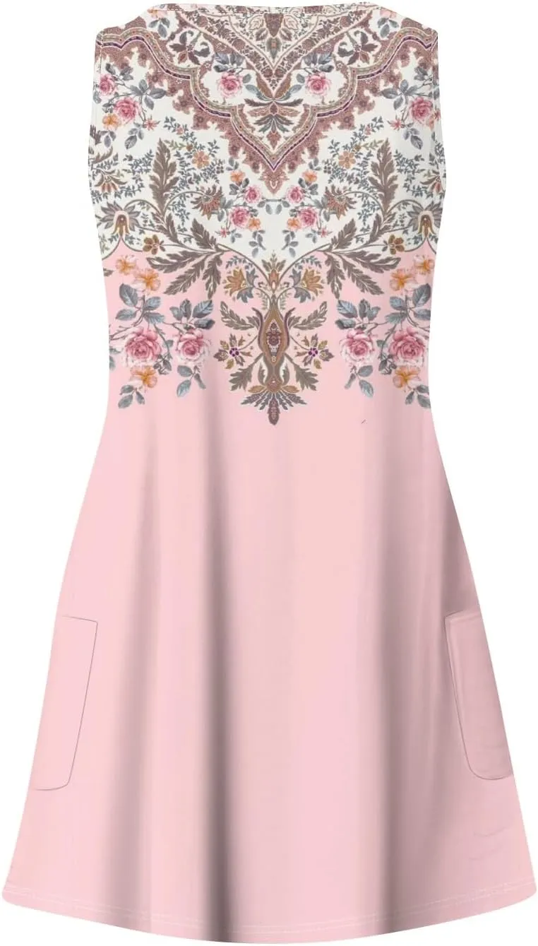 Women's Casual Sundress with Pockets 2025 Summer Boho Beach Dress V Neck Loose Tank Dresses