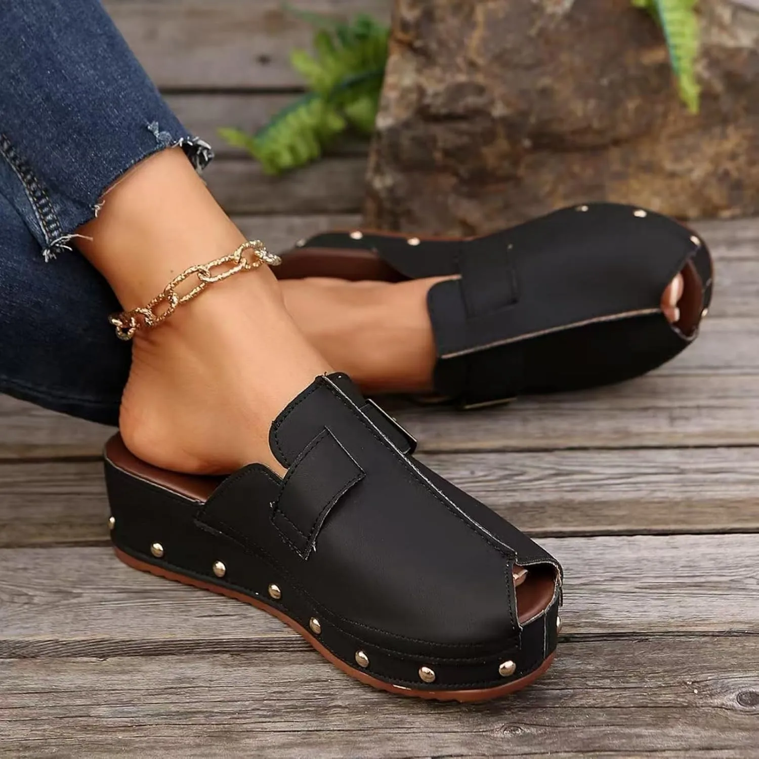 Women's Cork Platform Sandals Slip on Mules and Clogs Double Buckle Straps Summer Shoes Suede Comfortable Footbed Studded Flat Slide Width Spring Casual Dressy Styles Wide Feet Flatform Wedge