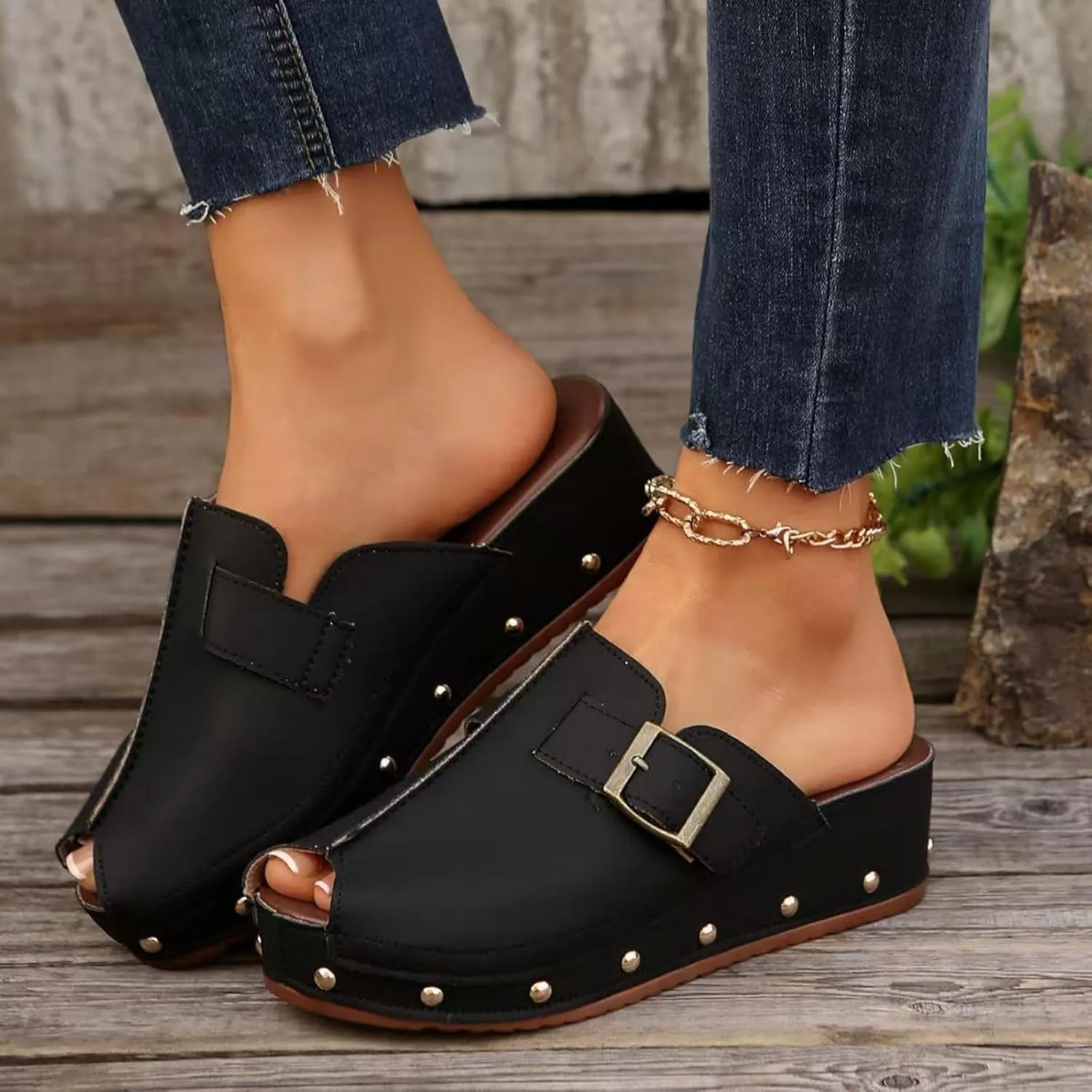 Women's Cork Platform Sandals Slip on Mules and Clogs Double Buckle Straps Summer Shoes Suede Comfortable Footbed Studded Flat Slide Width Spring Casual Dressy Styles Wide Feet Flatform Wedge