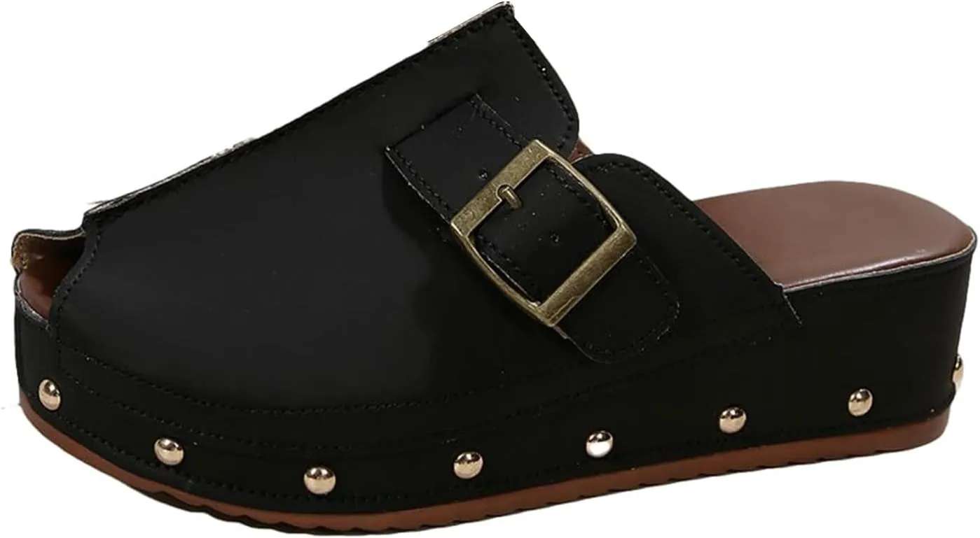 Women's Cork Platform Sandals Slip on Mules and Clogs Double Buckle Straps Summer Shoes Suede Comfortable Footbed Studded Flat Slide Width Spring Casual Dressy Styles Wide Feet Flatform Wedge