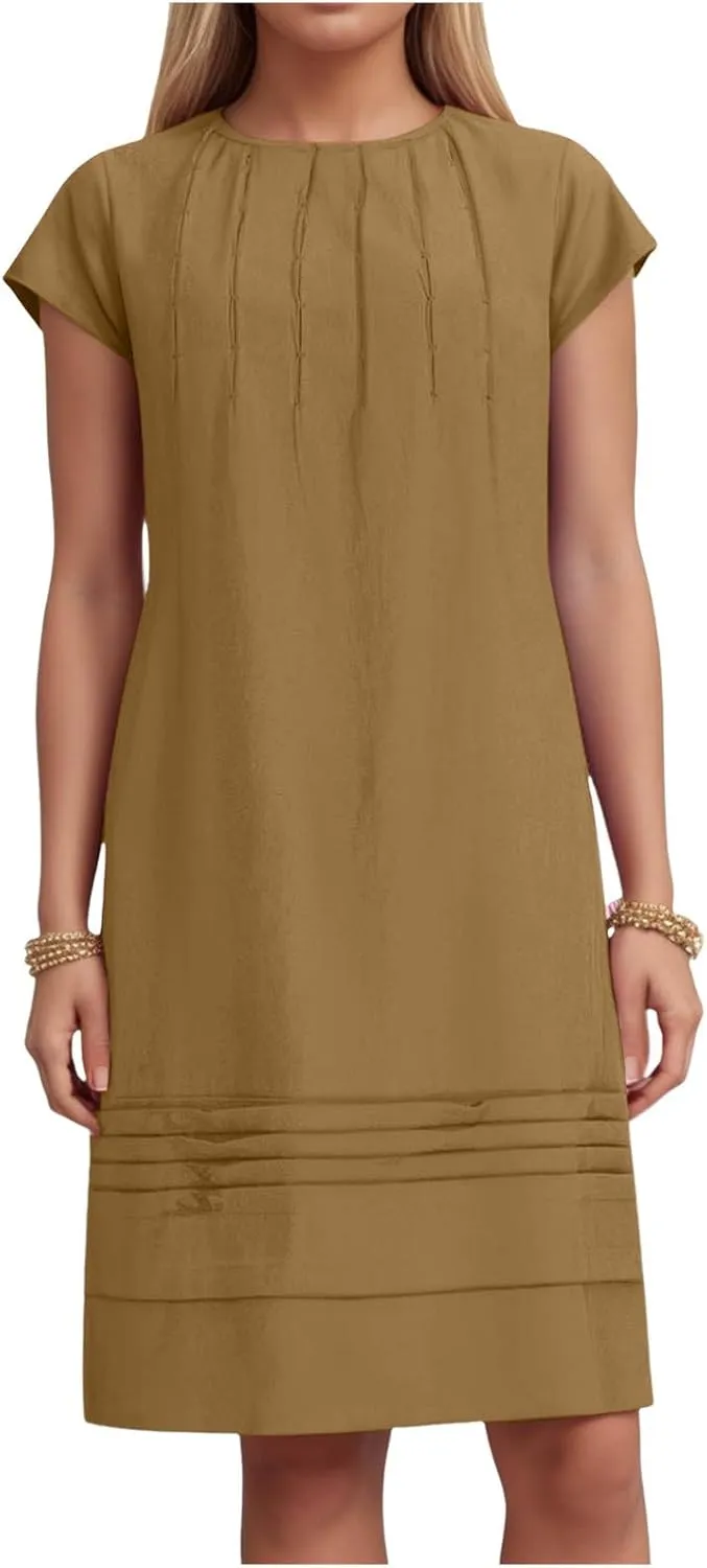 Womens Cotton Linen Midi Dress Crewneck Cap Sleeve Pleated Summer Dresses Plus Size Sundress Vacation Outfit 2025 S-5XL