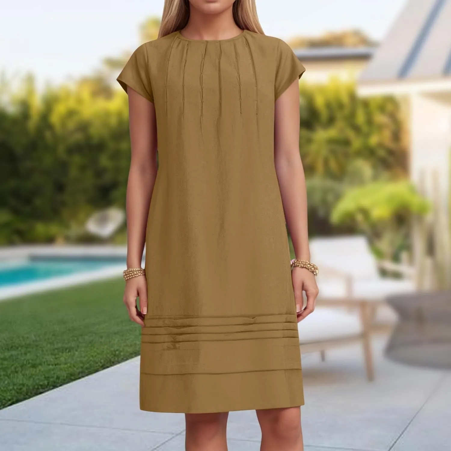 Womens Cotton Linen Midi Dress Crewneck Cap Sleeve Pleated Summer Dresses Plus Size Sundress Vacation Outfit 2025 S-5XL