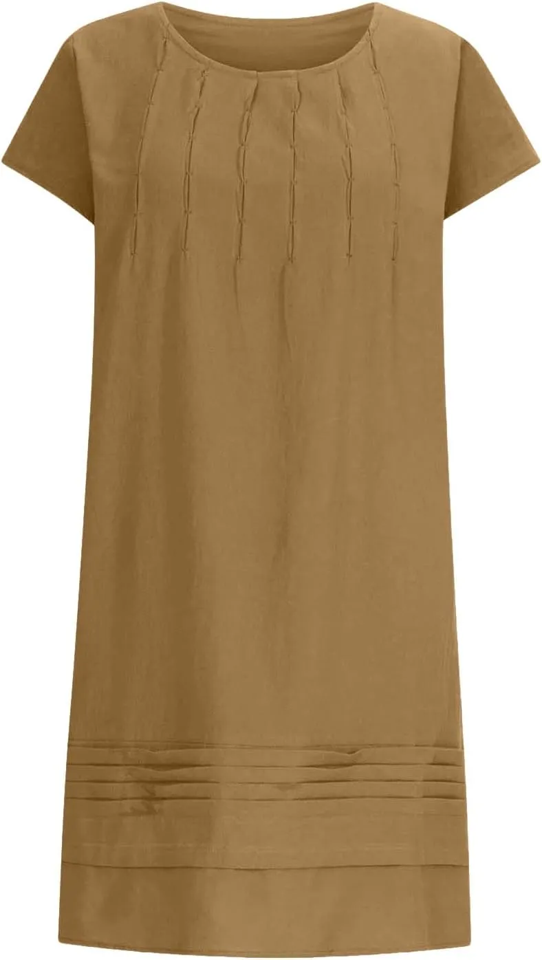 Womens Cotton Linen Midi Dress Crewneck Cap Sleeve Pleated Summer Dresses Plus Size Sundress Vacation Outfit 2025 S-5XL