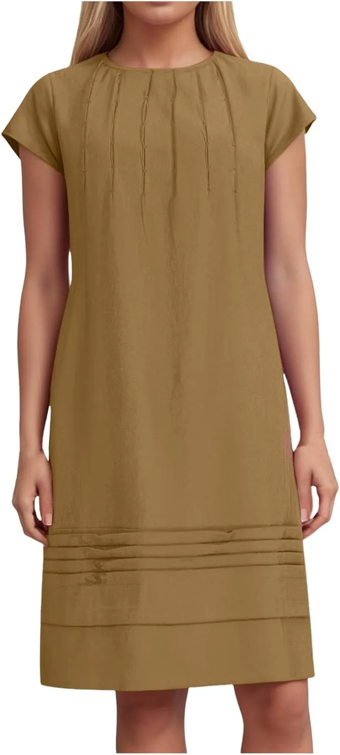 Womens Cotton Linen Midi Dress Crewneck Cap Sleeve Pleated Summer Dresses Plus Size Sundress Vacation Outfit 2025 S-5XL