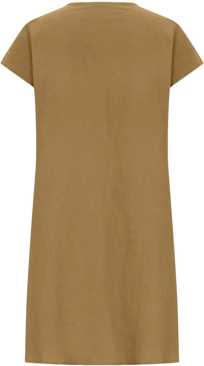 Womens Cotton Linen Midi Dress Crewneck Cap Sleeve Pleated Summer Dresses Plus Size Sundress Vacation Outfit 2025 S-5XL