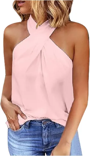 Womens Criss Cross Halter Tops Summer Sleeveless Sexy Casual Lightweight Tank Top Backless Trendy Cami Blouses