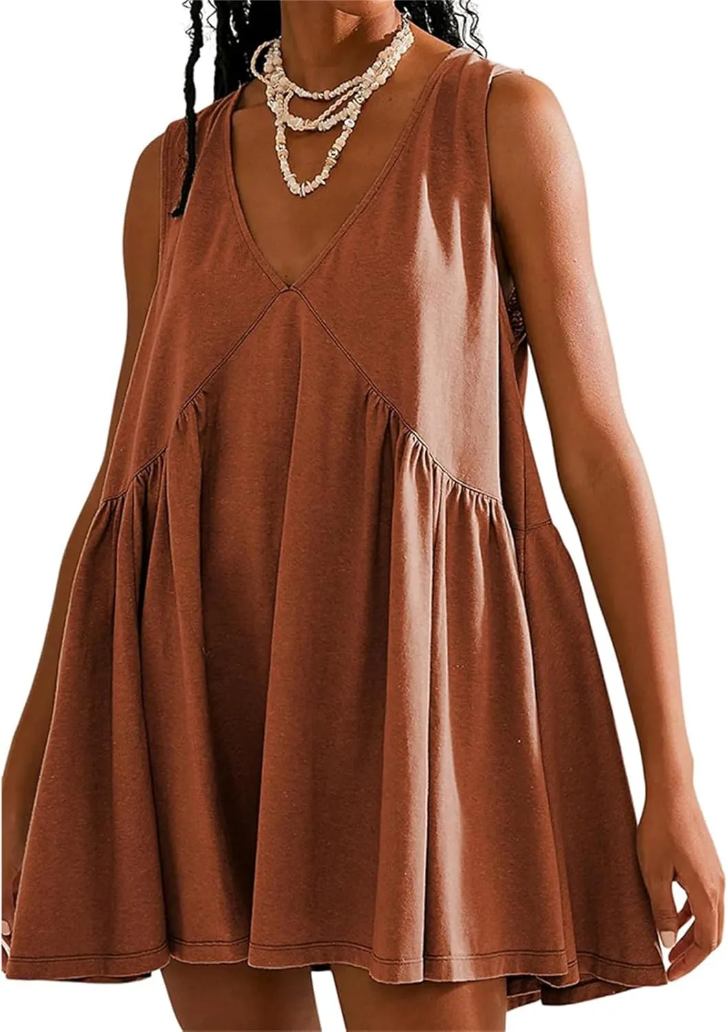 Women's Cute Mini Dress Sleeveless V Neck Flowy Short Babydoll Dresses Summer Loose Party Beach Sundress with Pockets