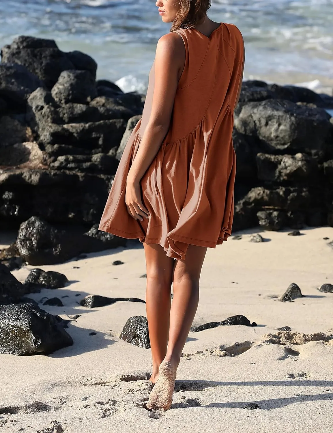 Women's Cute Mini Dress Sleeveless V Neck Flowy Short Babydoll Dresses Summer Loose Party Beach Sundress with Pockets