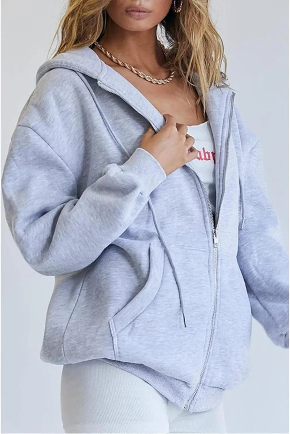 Women's Fall Jacket Oversized Pocket Sweatshirt Casual Drawstring Clothing Zipper Track Jacket Solid