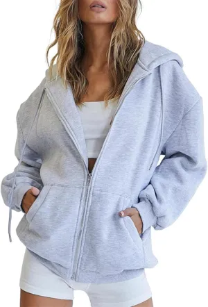 Women's Fall Jacket Oversized Pocket Sweatshirt Casual Drawstring Clothing Zipper Track Jacket Solid