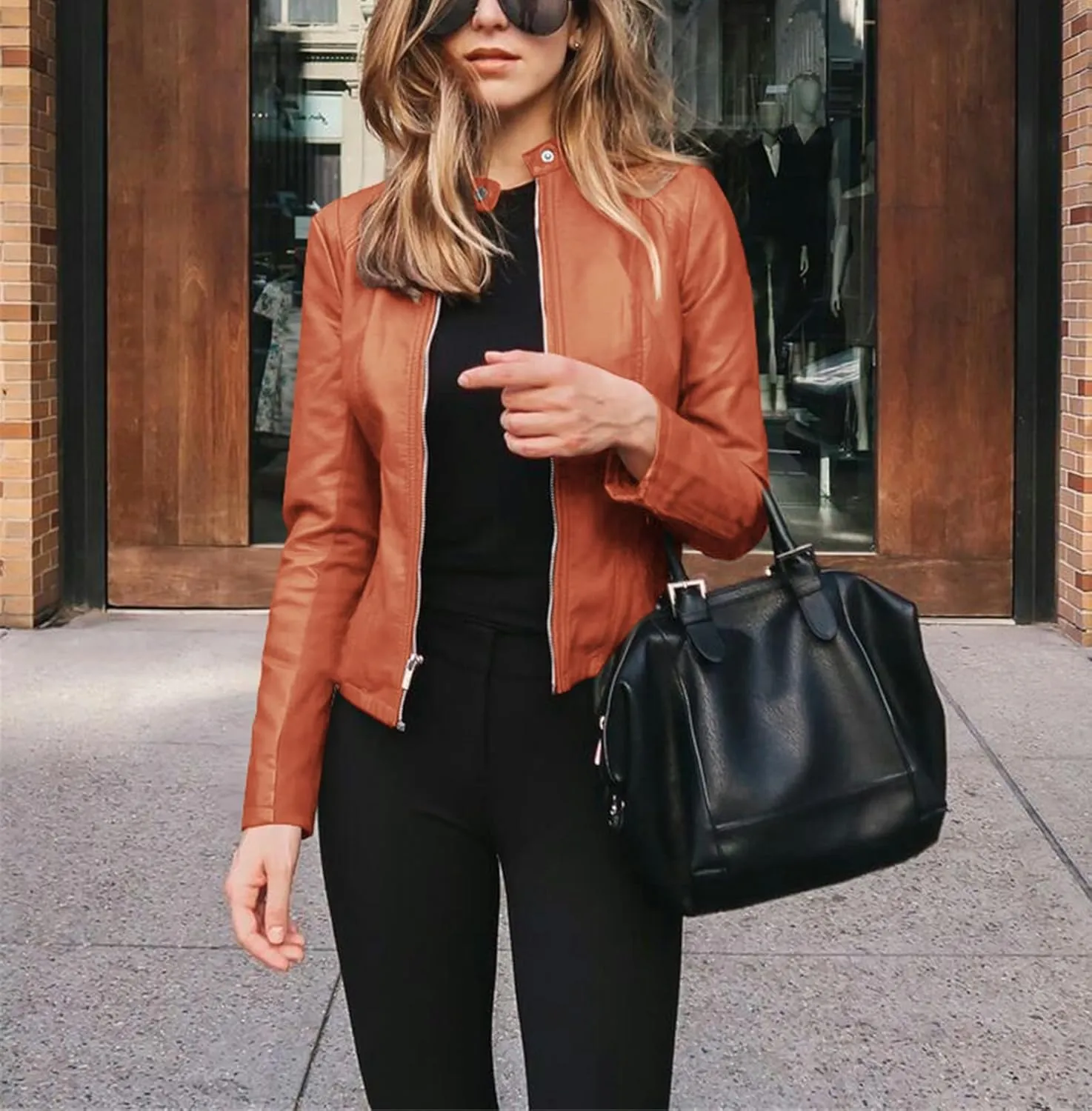 Women's Faux Leather Moto Biker Short Coat Jacket 2024 Summer Solid Color Zip Up Slim Lightweight Motorcycle Outwear