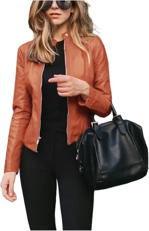 Women's Faux Leather Moto Biker Short Coat Jacket 2024 Summer Solid Color Zip Up Slim Lightweight Motorcycle Outwear