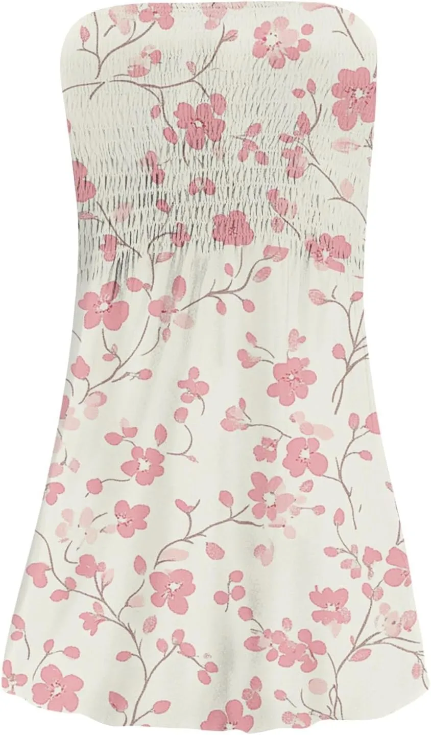 Women's Floral Tube Top Dress Cute Strapless Dress A Line Beach Vacation Sundress Smocked Boho Summer Sundresses